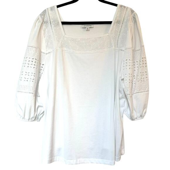 CALLIGRAPHIE Women's XL White Embroidered Eyelet Floral Tunic Top Boho Peasant - Picture 2 of 9